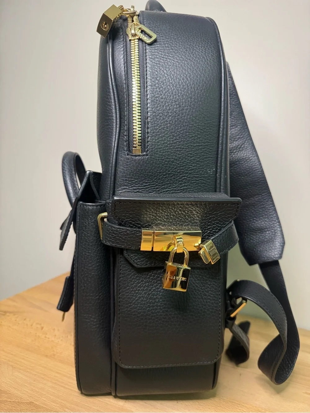 Buscemi PHD large Black Leather Gold Lock Backpack. Key and dust bag.